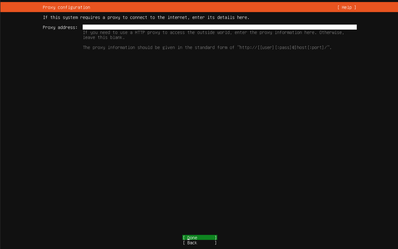 Proxy configuration screen, left blank
