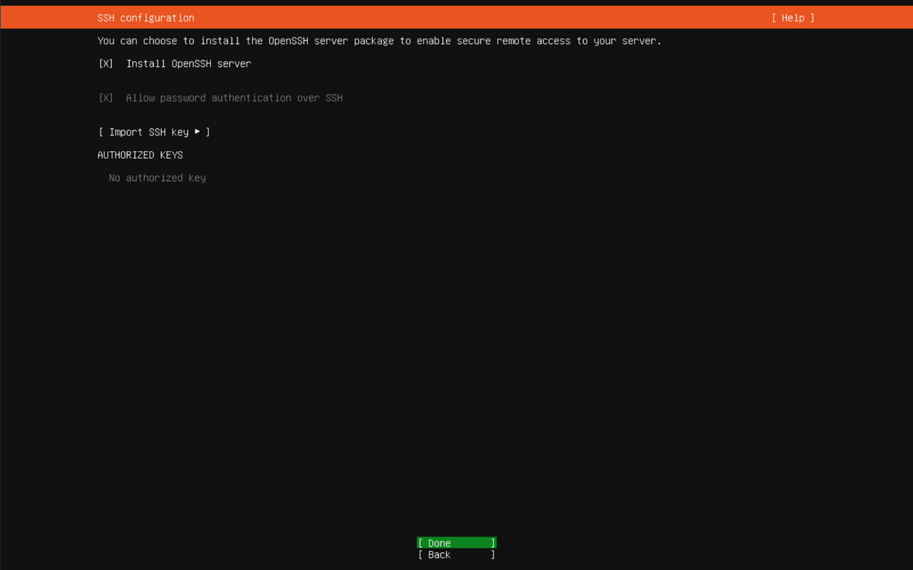 SSH setup with Install OpenSSH server turned on
