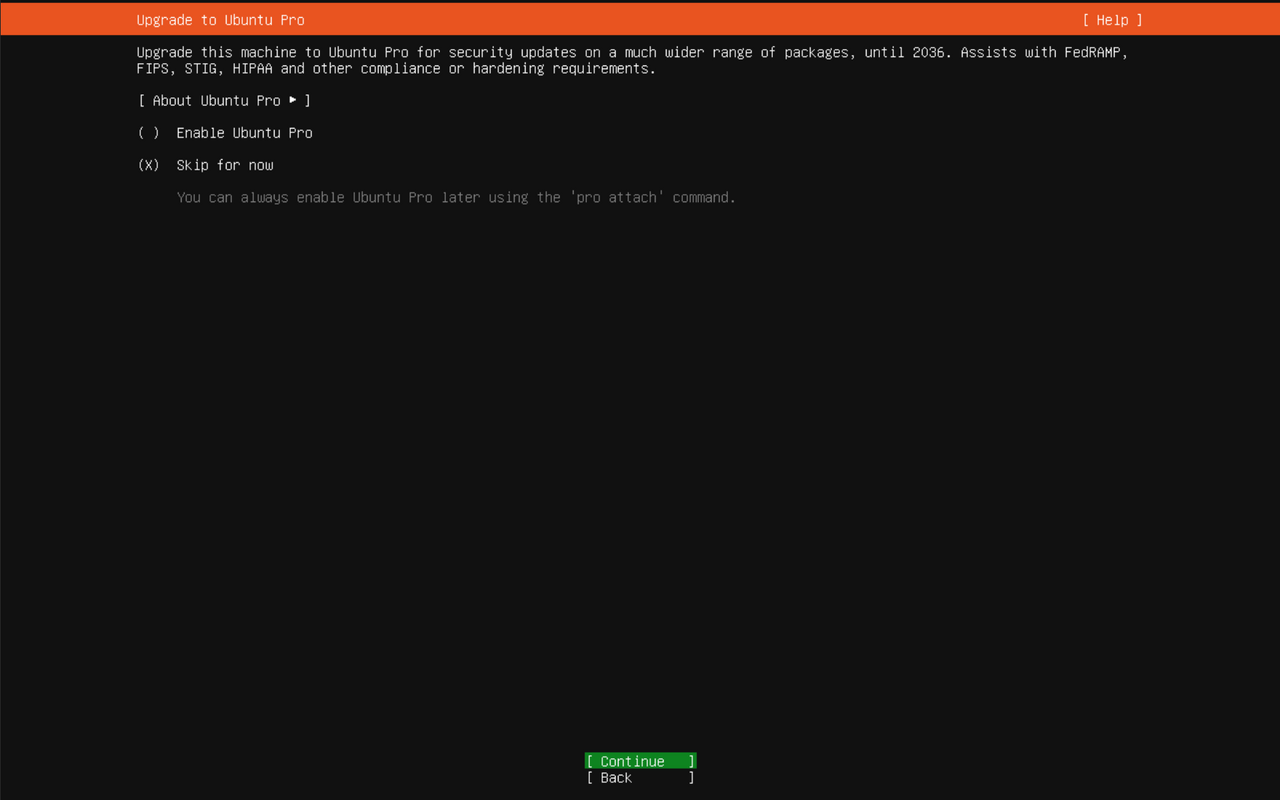 Ubuntu Pro screen with Skip for now selected